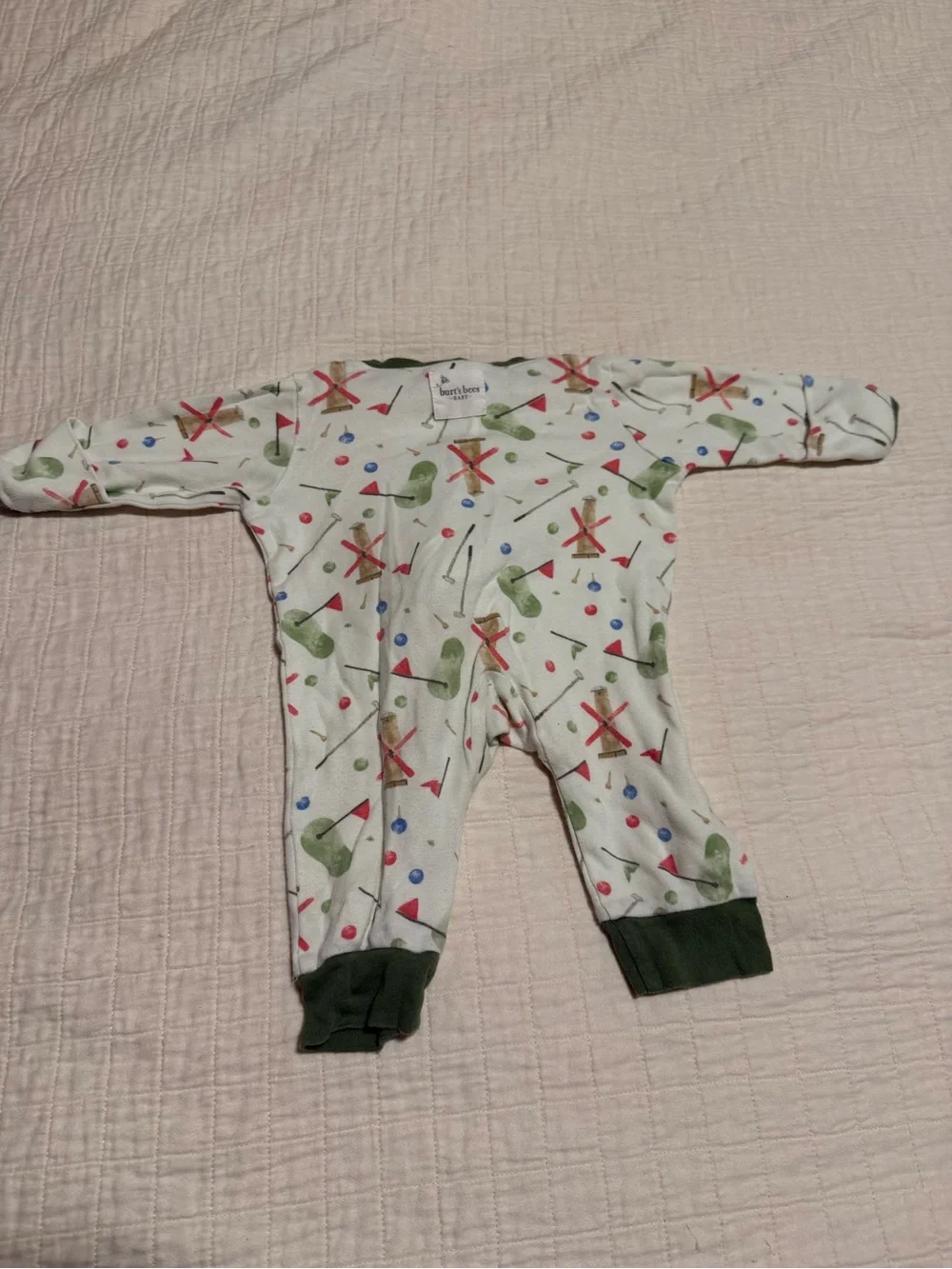 Burt's Bees White One-Piece with Green Trim and Golf Print newborn